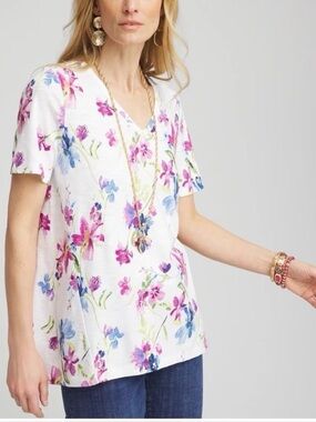 Chico’s | White/Pink/Blue Wildflower Floral Print Slub V-Neck Tee Sz 0=Small/4